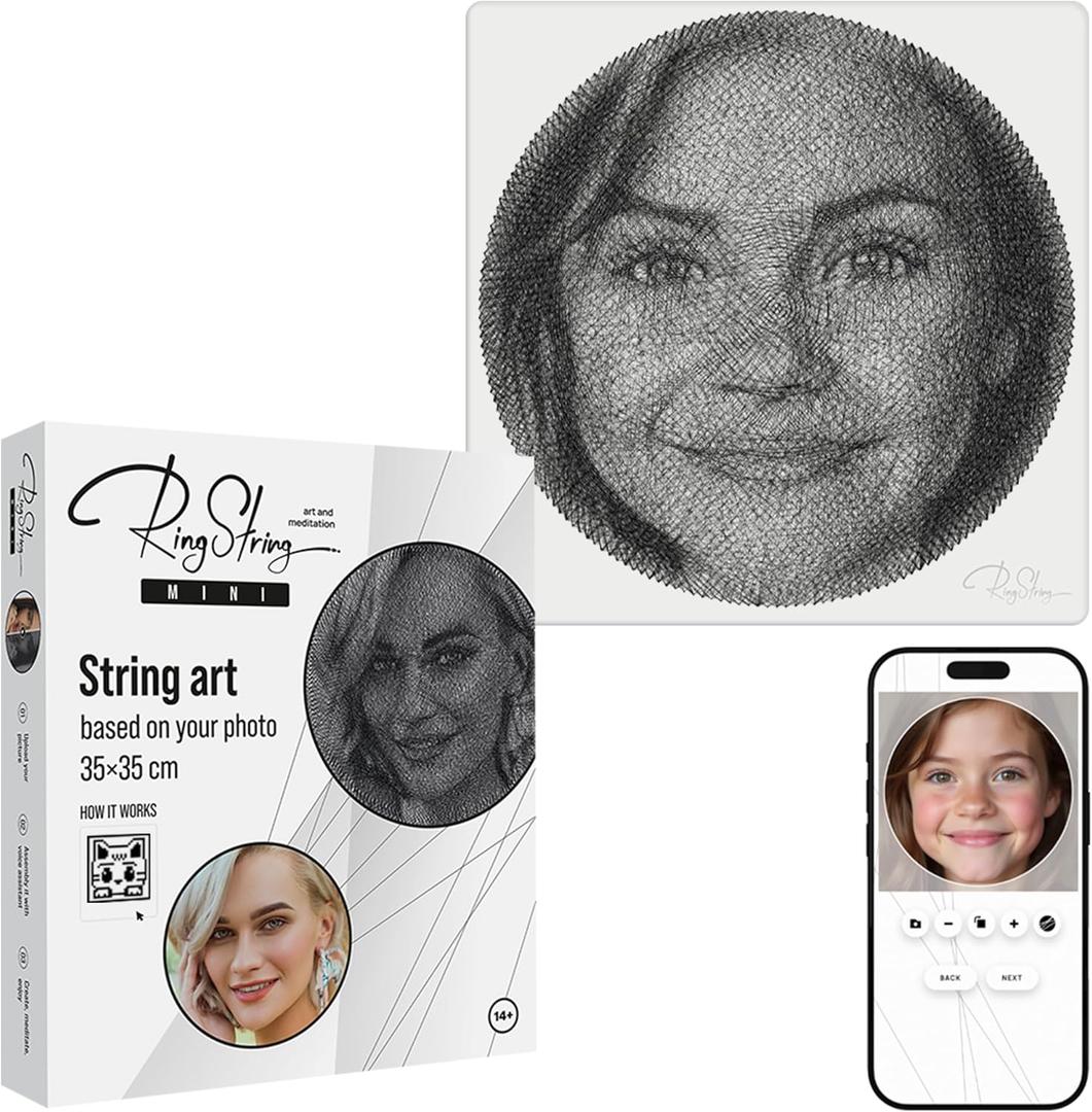 RINGSTRING Mini Art Kit for String Art Creation from Any Photo - Custom Craft Kit for Adults - 3D DIY String Art Kit - Original Gift and Handmade Home Decor