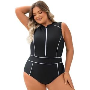 Curvtide Women's One Piece Swimsuit s Plus Size Athletic Swimwear Sleeveless Stand Collar Zipper Front Sports Bathing Suits L, 14-16