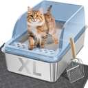UPSKY Stainless Steel Cat Litter Box with Lid, XL Large Metal Litter Box for Large Breeds, Enclosed Kitty Litter Pan with High Sides, Leak-Proof & Non-Stick, Easy to Clean, Scoop and Mat Included