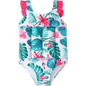 IDOPIP Kids Boys Girls Floatation Swimsuit with Adjustable Buoyancy Baby Float Suit Swim Vest One Piece Swimwear Bathing Suit (12-18 Months, Green Leaves)