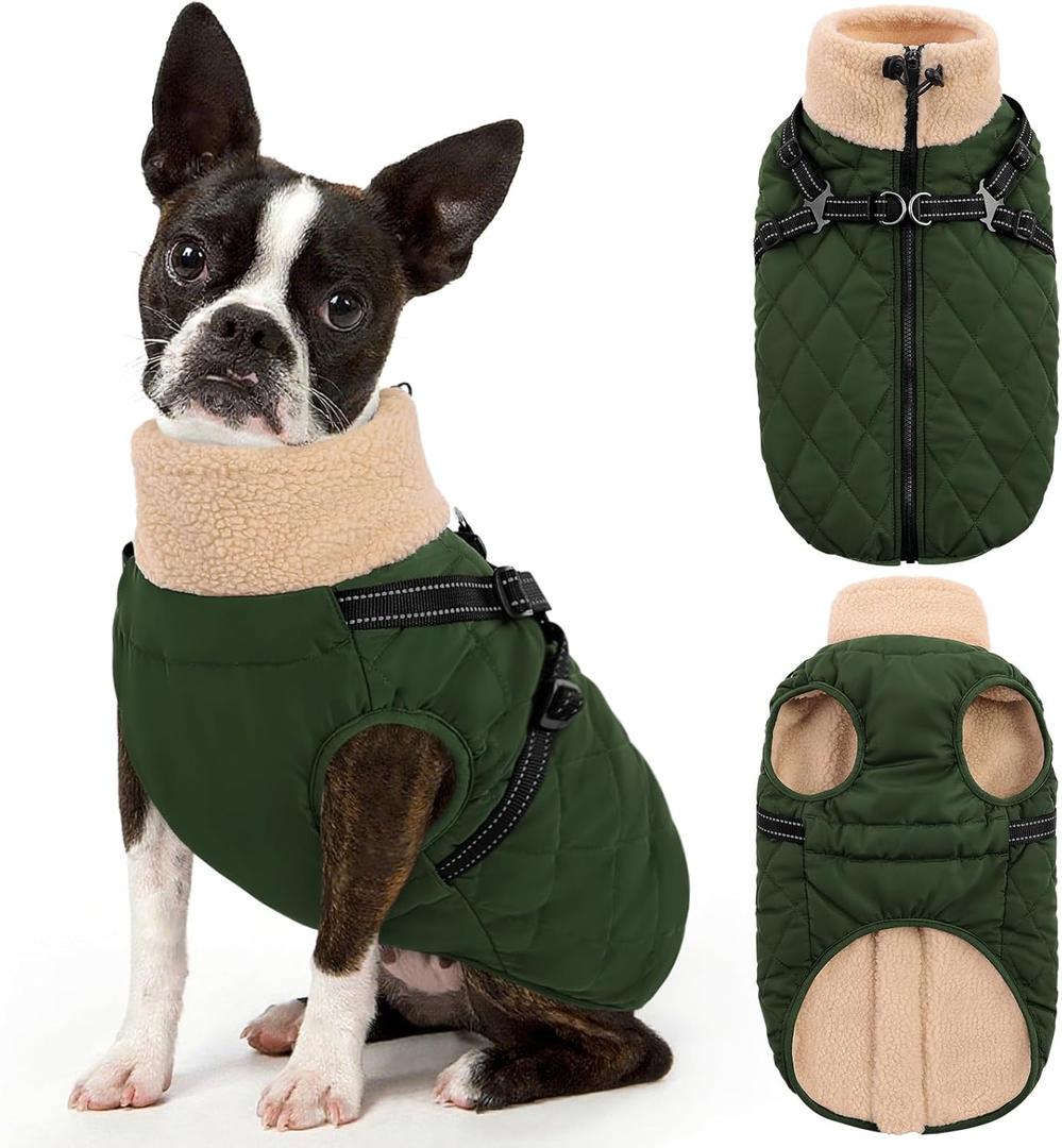 Queenmore Dog Winter Jacket, Dog Coats for Large Dogs, Warm Cozy Pet Jacket Winter with Harness Built in, Waterproof Pet Snow Jacket, Thick Fleece Lining Snowsuit for Large Dogs, ArmyGreen L