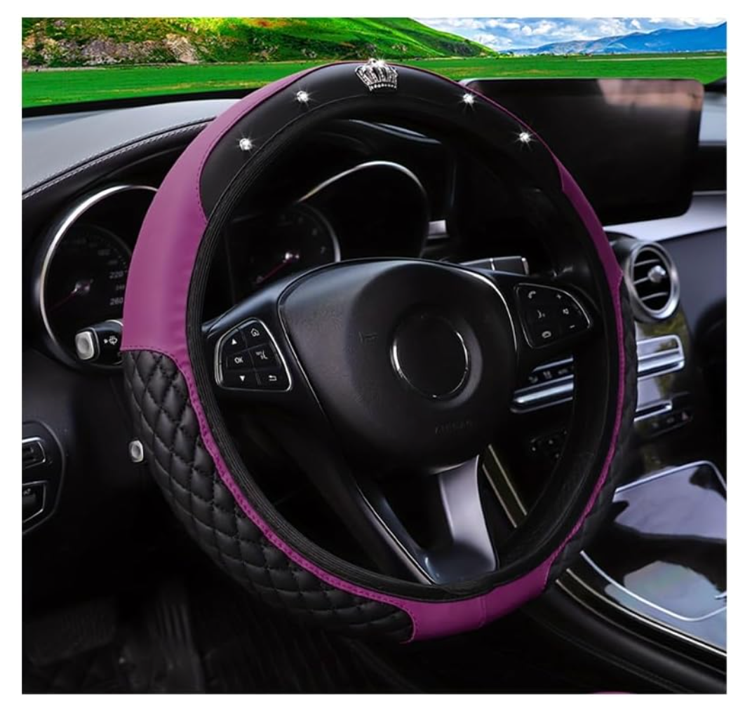 Bling Car Steering Wheel Cover, Diamond Leather Crystal Rhinestones Vehicles Steering Wheel Protector, Sparkling Anti-Slip Automotive Interior Decoration Accessories, Universal Fit (Beige)