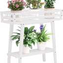 unho White Plant Stand Indoor 2 Tier outdoor plant stands for patio with Display Shelvings wooden plant stands Planter Storage Shelf Holder Home Furnishing Decor for Living Room Balcony Patio