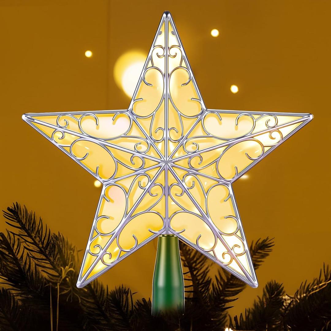 Nuanchu Christmas Star Tree Topper 10.4 x 9.4 Inch Large 3D Glitter Topper Ornament Metal Hollowed with 20 LED Lights Vintage Xmas Reflector Treetop New Year Holiday Indoor Decor(Sliver Green)