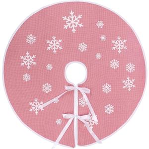 MACTING Christmas Small Tree Skirt, 30 Inch Burlap Pink Tree Mat with White Snowflake Printed for Xmas Tree Farmhouse Holiday Party Indoor Home Decoroations