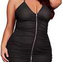 Plus Size Sheer Stretch Mesh Babydoll Dress Zipper Shirring Halter Chemise Curvy Sexy Lingerie for Women 3XL