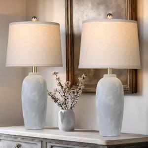 MOUVOVO 25“ Jar Table Lamps Set of 2, Ceramic Bedside Lamps for Bedroom, Grey Farmhouse Nightstand Lamps for Living Room