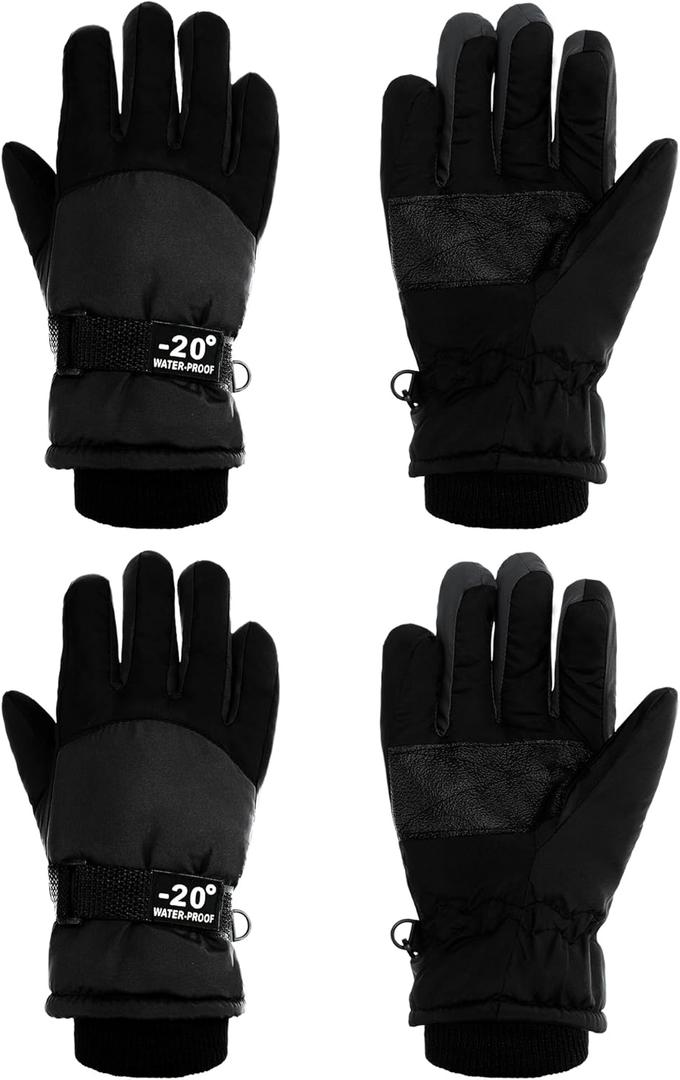 SATINIOR 2 Pairs Kids Waterproof Winter Snow Gloves Ski Gloves for Boy Girl Outdoor Warm Thickening Snowboar (6-10 Years, Black)