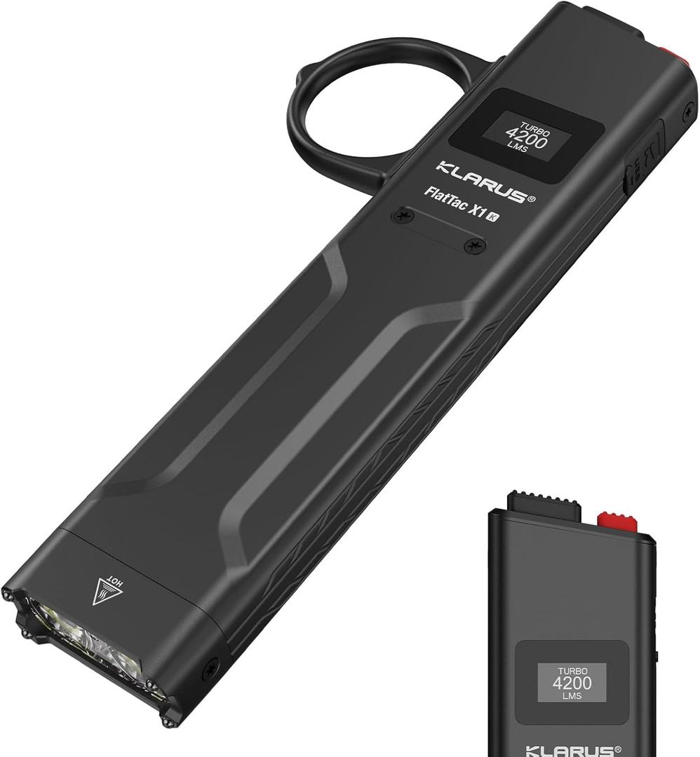 klarus FlatTac X1 Tactical Flashlight 4200 Lumens EDC, Slim USB-C Rechargeable, IPX6 Waterproof with OLED Display/Tactical Dual Switch/Pocket Clip, Compact Flat Design for Outdoor & Daily Carry