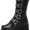 YIYA Black Platform Goth Boots for Women Studded Wide Mid Calf Combat Punk Boots Round Toe Buckle Chunky Heel Back Zipper Thick Sole Ankle Booties, 44