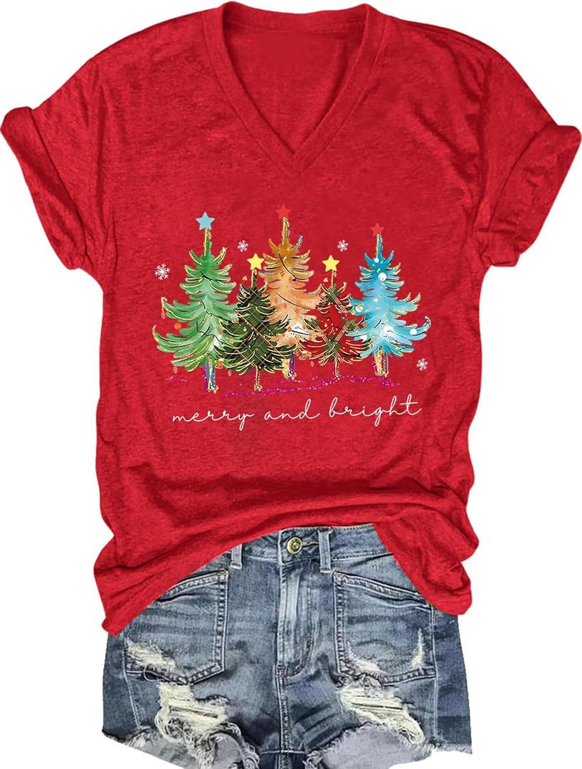 Womens Christmas Shirts: Merry and Bright Graphic Printed T-Shirts Holiday Xmas Vneck Blouse Tops (Small, Red1)