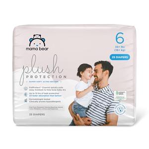 Amazon Brand - Mama Bear Plush Protection Diapers - Size 6, 25 Count, Hypoallergenic Premium Disposable Baby Diapers, White and Cloud Dreams 4 Pack