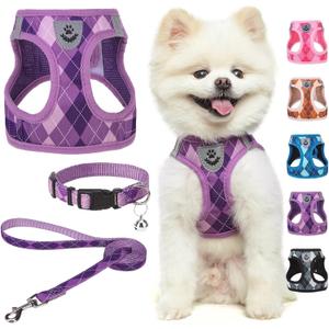 SCENEREAL Dog Harness and Leash Collar Set, Step in No Pull Soft Mesh Dog Harnesses for Dogs Puppy and Cats Outdoor Walking, No Chock Reflective Vest Harness, Purple Plaid, XS