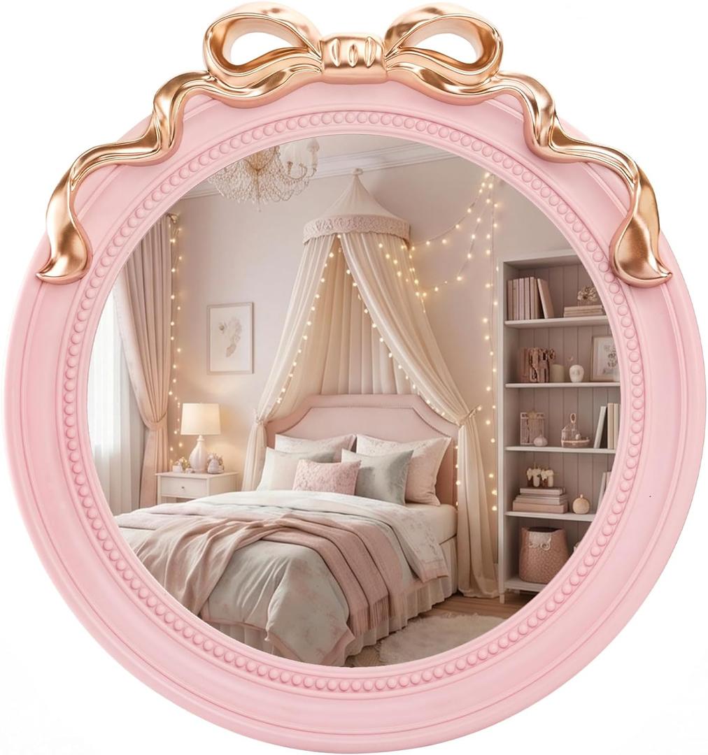 Bow Mirror - Pink Round Bow Mirror for Nursery, Vintage Circle Coquette Room Decor Furniture, Antique Coquette Wall Decor Accent for Girls Room Entryway Bedroom Bathroom