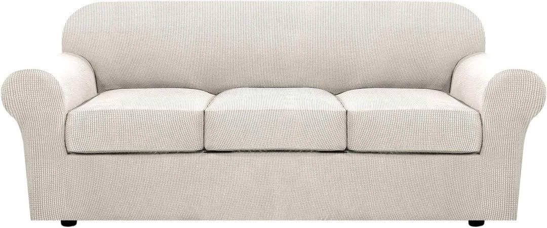 H.VERSAILTEX 4 Piece Stretch Couch Covers for 3 Cushion Couch Sofa Furniture Slipcovers Feature Upgraded Thicker Jacquard Fabric (Sofa, Ivory) (Large)