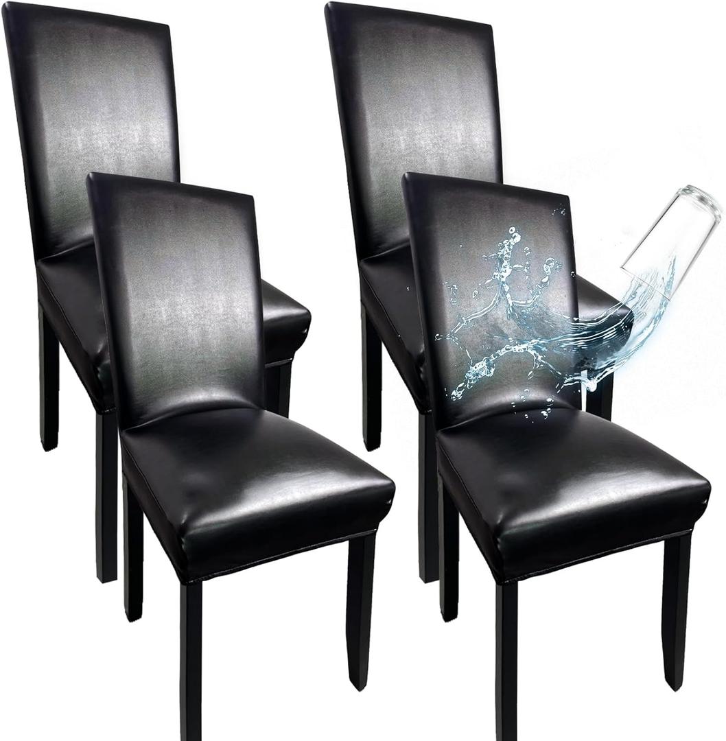 Leather Chair Covers for Dining Chairs Set of 4, Super Stretch Waterproof Kitchen Chair Covers Thickened Washable Dining Chair Slipcovers Black Chair Seat Covers for Dining/Kitchen/Banquet