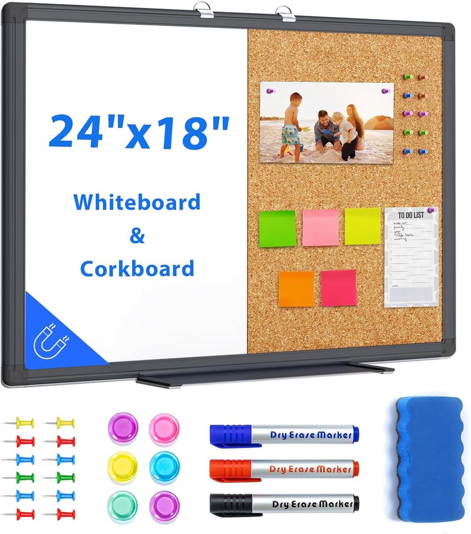 maxtek Combination White Board & Bulletin Cork Board 24 x 18 Whiteboard Magnetic, Combo Dry Erase Board with Black Aluminum Frame, 2' x 1.5' Hanging Message Board Wall Mounted for Homeschool Office