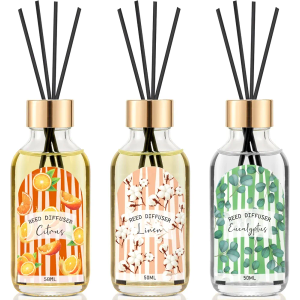 3 Pack Reed Diffuser Set, Linen Eucalyptus Citrus Scented Oil Reed Diffusers for Home, Bathroom, Office Decor, Aromatherapy Diffuser with 15 Sticks, 1.7 Fl. Oz Each, Total 5.1 Fl. Oz