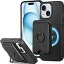 SHIELDON Genuine Leather Case for iPhone 15 + Detachable Magnetic Card Holder, [Slim][Protective][Magnetic Wireless Charging][Secure-Grip Ring Stand][RFID Blocking] Compatible with iPhone 15 - Black