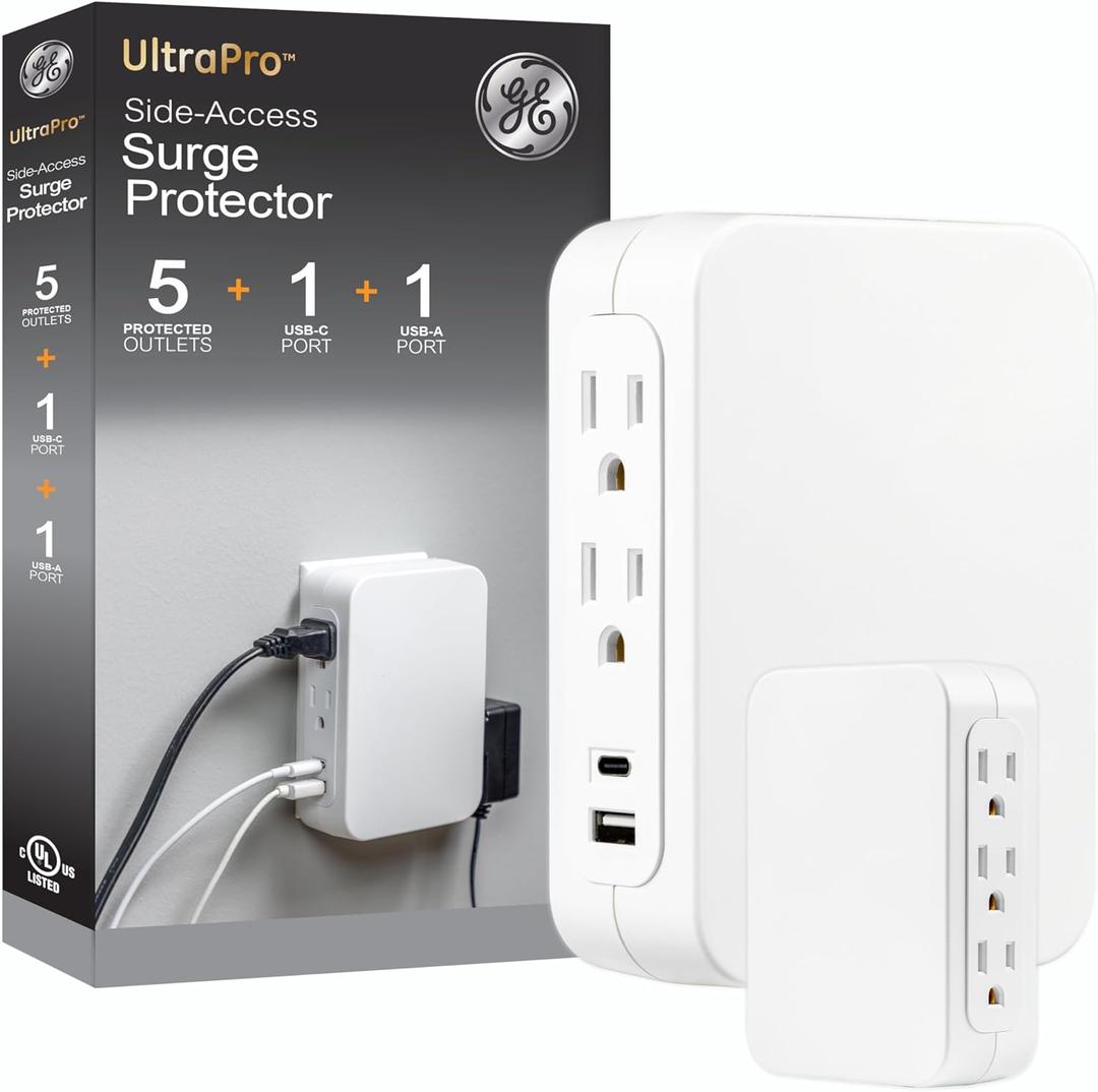 GE USB C 5 Outlet Extender, Side-Access, Wall Tap Surge Protector, Multi-Plug, USB A, 3-Prong, Secure Install, White, 83503