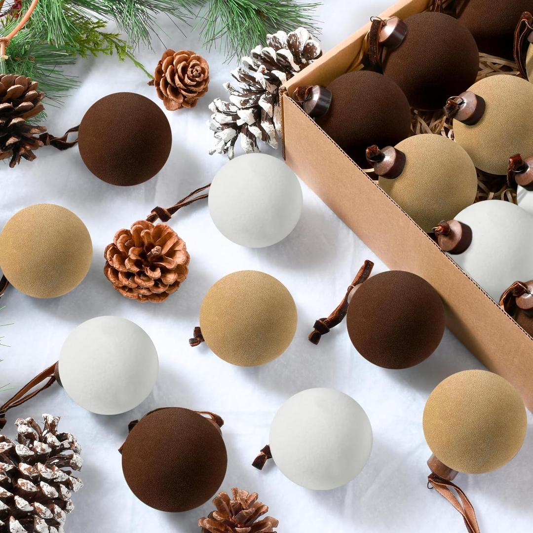Palonu 24 Pcs Velvet Christmas Balls, 3.15 Inch Flocked Ornaments with Velvet Ribbons, Shatterproof Plastic Christmas Bulbs Ornaments for Holiday Xmas Hanging Decoration (Brown Khaki Cream White)