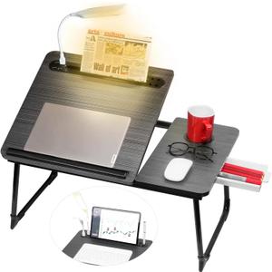 Plus XL Adjustable Laptop Desk with Light, USB Port, iPad Holder, Drawer Storage - Larger 23.6IN Adjustable Lap Desk for Bed, Home Office, Breakfast Tray, Fordable Legs Desk (Black)