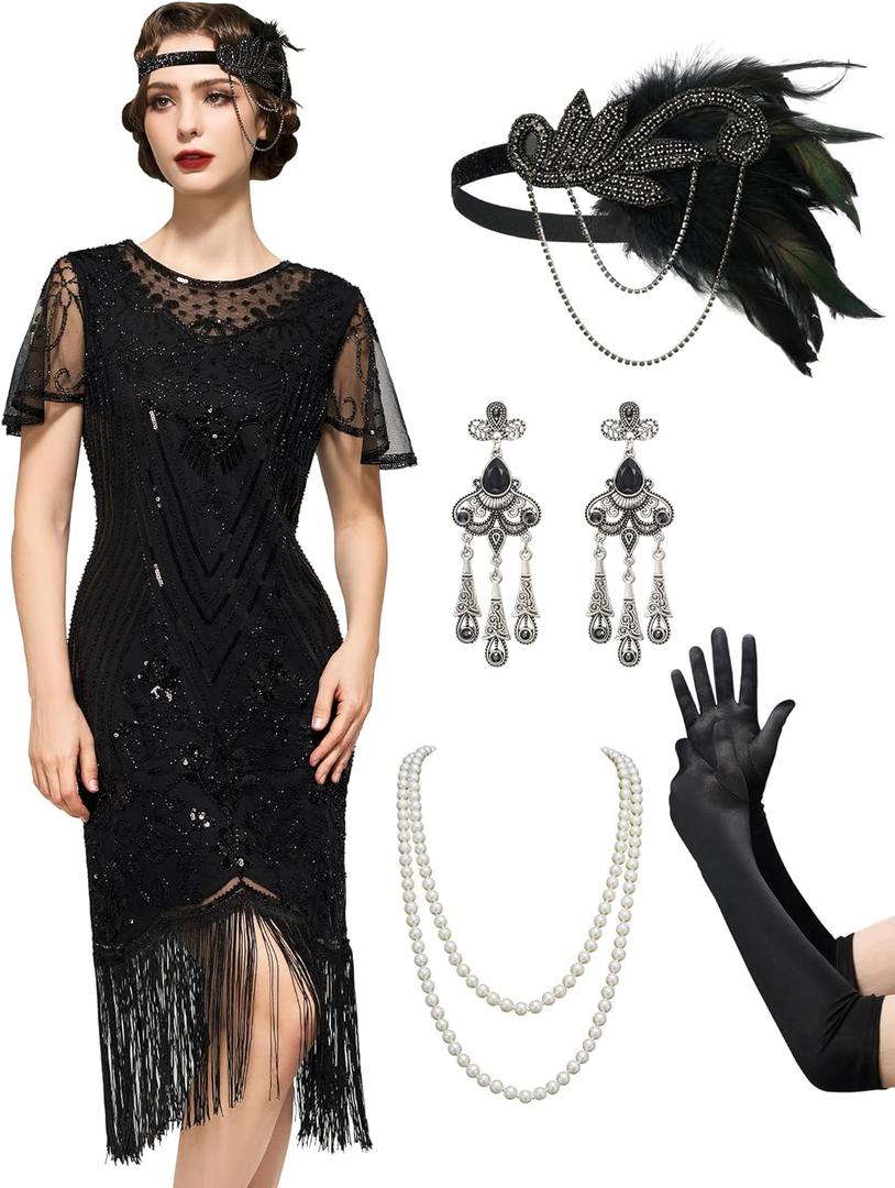 SWEETV Great Gatsby Lace Neck Flapper Dress - 1920s Dress for Women With Sleeve - Roaring 20s Costume (XX-Large, Black)