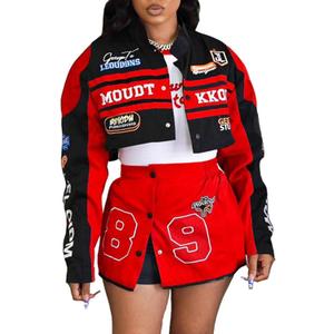 Women's 2 Piece Outfits Long Sleeve Crop Jacket Top Bodycon Mini Skirt Set Y2k Streetwear Birthday Club Outfits (Red, L)