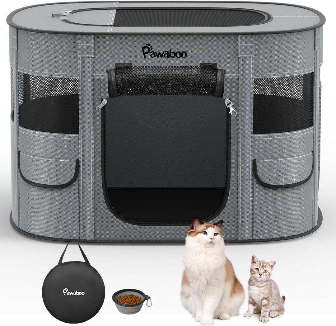 Dog Playpen, Portable Pet Cat PlayPen, 600D Oxford Dog Kennel Tent Crate, Waterproof&Breathable, Indoor Outdoor Travel Camping for Medium/Large Breed with Carrying Case+Bowl(L), Charcoal Gray