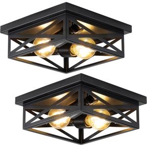 2Pack Vintage Farmhouse Flush Mount Ceiling Light Fixtures, 2-Light Hallway Kitchen Ceiling Light, Industrial Farmhouse Light Fixtures Ceiling Mount for Bedroom (2 Pack(9.8 in), Black)