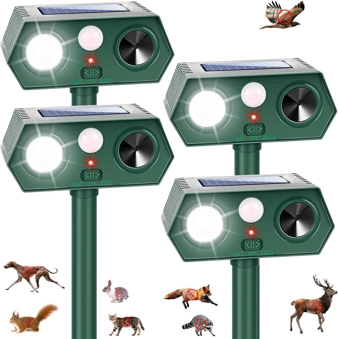 Sonic Fortress Pro Deer Repellent Devices, Racoon Repellent Outdoor Squirrel Fortress Pro IP65 Animal Repeller Cat Deterrent with Motion Sensor& Light to Scare Bear Rabbit Skunk for Garden Yard(4)