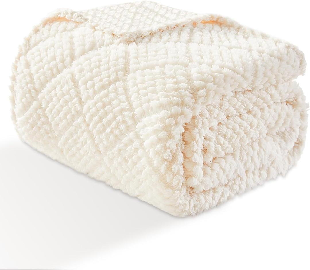 EMME Fleece Blanket, 3D Jacquard Throw Blanket for Couch and Bed, Soft Cozy and Fluffy Blankets Lightweight Luxury Flannel with Waffle Design (Ivory, 50" x 60")