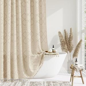 Dynamene Beige Fabric Shower Curtain, Boho Tufted Geometric Striped Tassel Shower Curtain for Bathroom, Shabby Chic Textured Modern Farmhouse Waterproof Cloth Shower Curtain Set, Wrinkle Free, 72x72