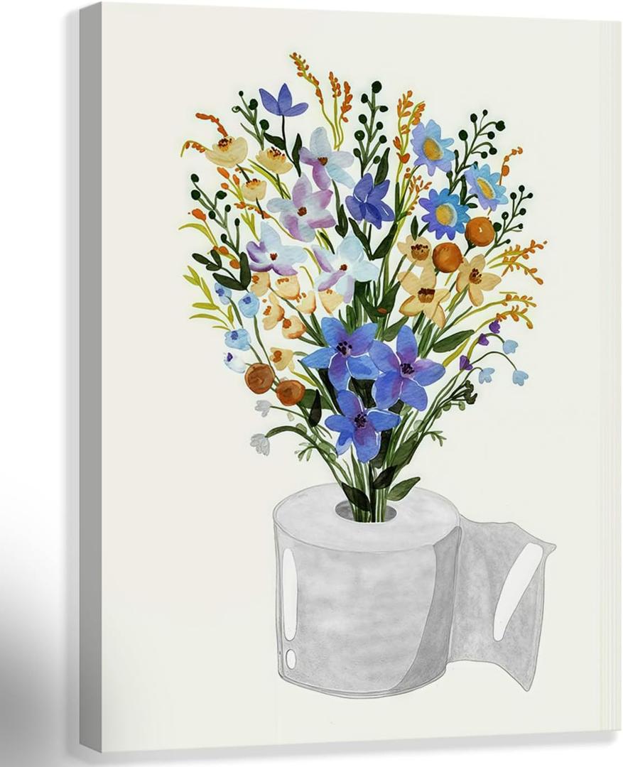 Framed Canvas Prints Funny toilet paper Botanical Wildflowers Plant Wall Art Decor Canvas Poster Gallery Bathroom Bedroom 12x16 Inch Ready to Hang