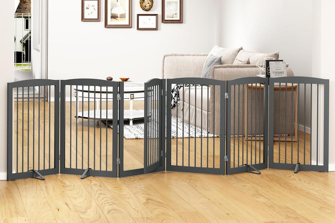 Freestanding Pet Gate with Door, Tall Dog Gate for House, Extra Wide, Pet Puppy Safety Fence, Support Feet Included, 120 Inch Wide, 6 Panels 32" Tall, Gray