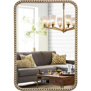 24"x32" Champagne Bronze Mirrors for Bathroom, Brass Vintage Bathroom Wall Mirror with Beaded Frame, Champagne Bronze Vanity Mirror for Ornate Mantle Bedroom