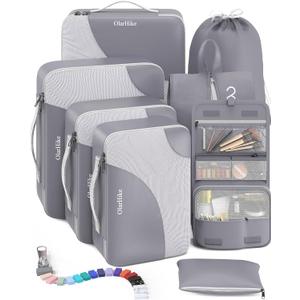 OlarHike 8 Set Packing Cubes for Travel, Sturdy Suitcase Organizer in 4 Sizes (Extra Large, Large, Medium, Small), OlarHike Luggage Cubes with Toiletry Bag, Cruise Ship Gifts for Men (Grey) (8 set (Short-Term Trip))