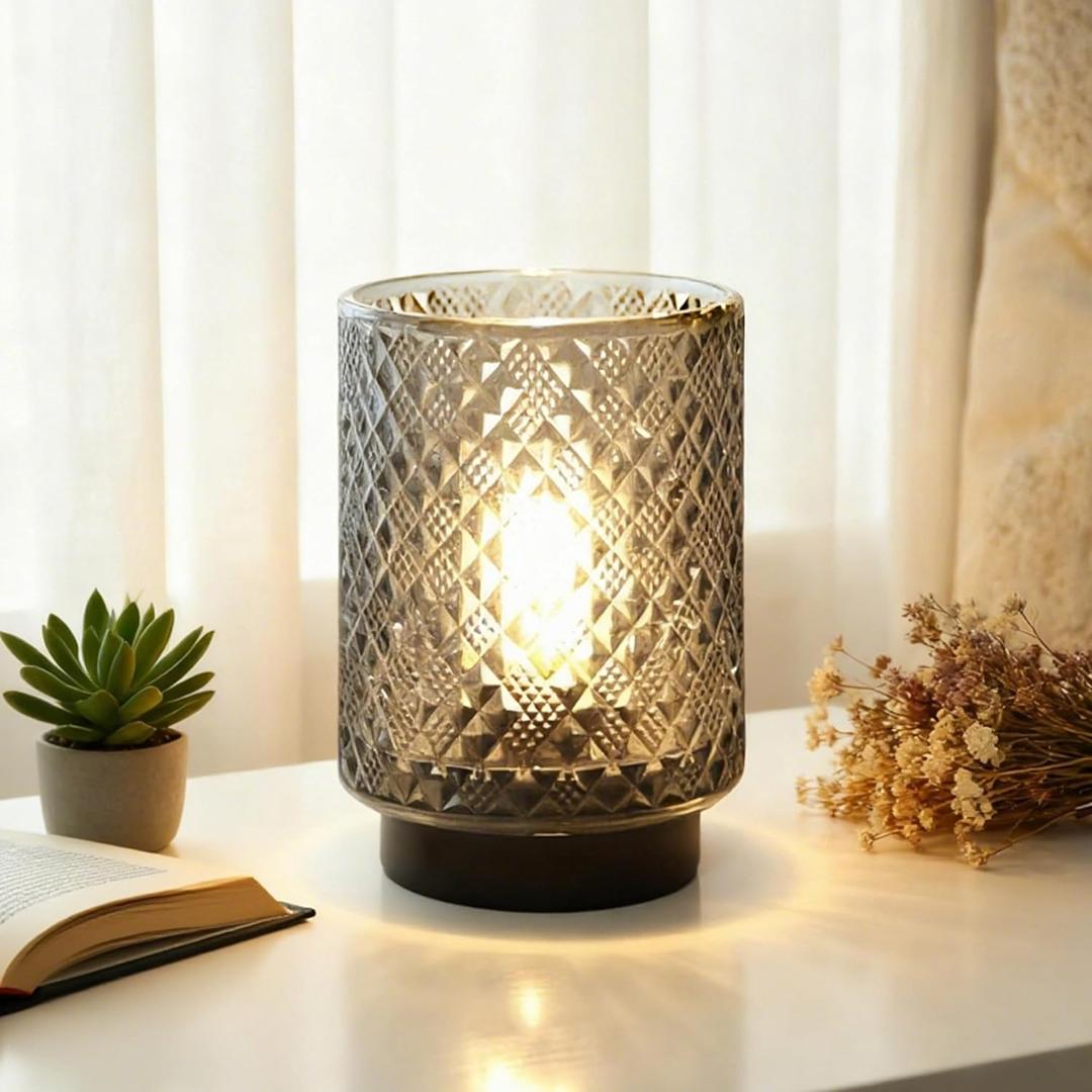 Battery Operated Lamp with Timer, Small Decorative Table Lamp Ambient, Glass Cordless Lamps Bedside Battery Powered Lamp for Bookshelf, Entryway Diamond Design-Grey