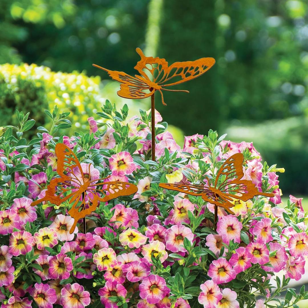 Decorative Garden Stakes, Butterfly Metal Decor for Lawn, Patio and Plants | 3 Pcs accent set, flower beds and walkways, cottagecore style, garden lovers, For Patio Yard Porch Backyard, easy placement