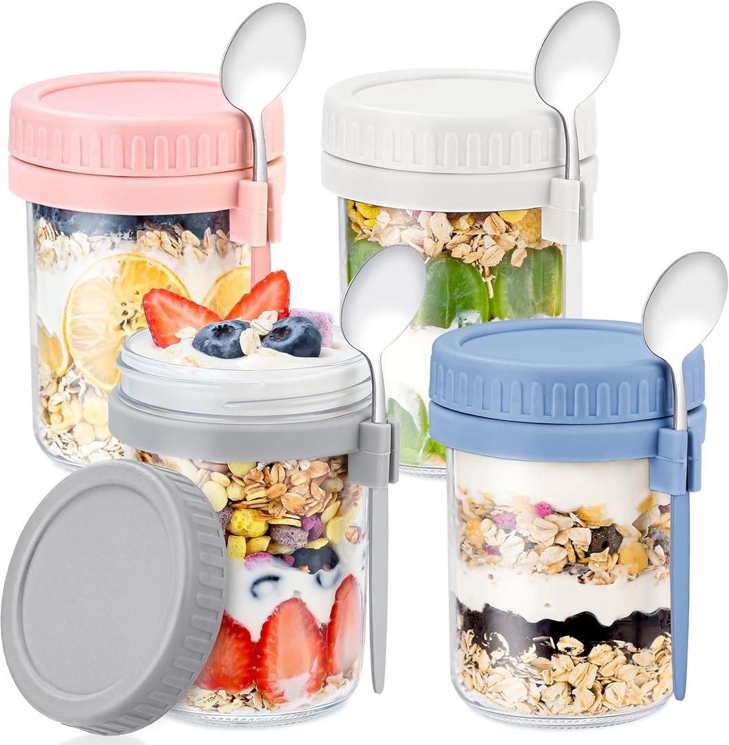 Overnight Oats Containers with Lids and Spoon, Mason Jar for Overnight Oats, 16 Oz Overnight Oats Jars Glass Oatmeal Container to Go for Chia Pudding Yogurt Salad Cereal Meal Prep Jars Set Of 4