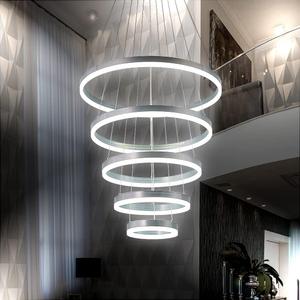 Modern LED Chandelier 5 Rings for Dining Room, Dimmable With Remote, Acrylic Luxury Foyer Lighting Fixture, High Ceiling Hanging Living Room LED Pendant Light (Medium,D23.6", Silver)