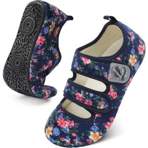 LeIsfIt Womens Slippers Adjustable Diabetic Slippers Wide Soft Arthritis Edema House Shoes Warm Fuzzy Slipper Socks with Rubber Sole (5.5-6.5, Navyflower)