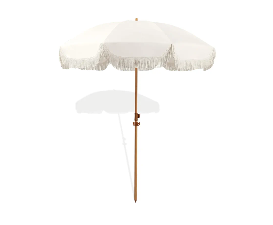 6.5ft Patio Umbrella with Fringe, Beach Umbrella, Fringe Umbrella Outdoor Patio with Hanging Hook, Tilting Aluminum Pole, UV 50+, Fiberglass Ribs, Elegant Cream