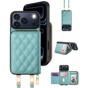 OCASE Compatible with iPhone 17 Pro Max Crossbody Wallet Case with Card Holder, PU Leather Zipper Handbag Phone Purse with RFID Blocking Kickstand Wrist Strap Lanyard 6.9 Inch, Diamond Check Green