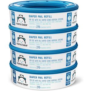 Amazon Brand - Mama Bear Diaper Pail Refills for Diaper Genie Pails, Unscented, 1080 Count (4 Packs of 270 Count) (270 Count (Pack of 4))