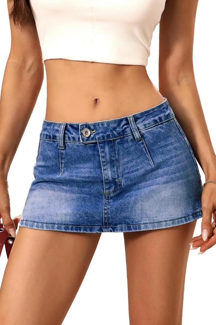 ELLEVEN Low Rise Denim Mini Skirt for Women, High Stretch Jean Skirt with Shorts Underneath Y2k Micro Skort XXS