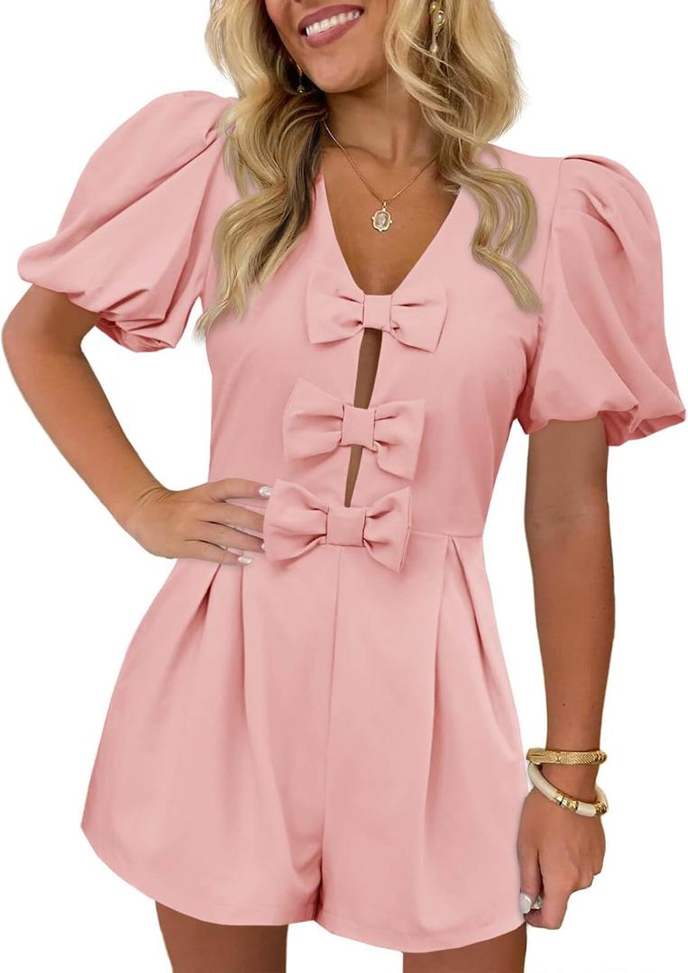 Cicy Bell Womens Cute Rompers Bow Front Puff Sleeve V Neck Short Jumpsuits Sexy Summer Outfits with Pockets (Pink, L)