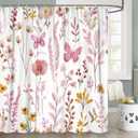 Watercolor Floral Shower Curtain, Pink Flowers Butterfly Plant Leaves Shower Curtains, Cute Botanical Boho Cottagecore Waterproof Polyester Fabric Bathroom Curtain Set with 12 Hooks, 72x72 Inch