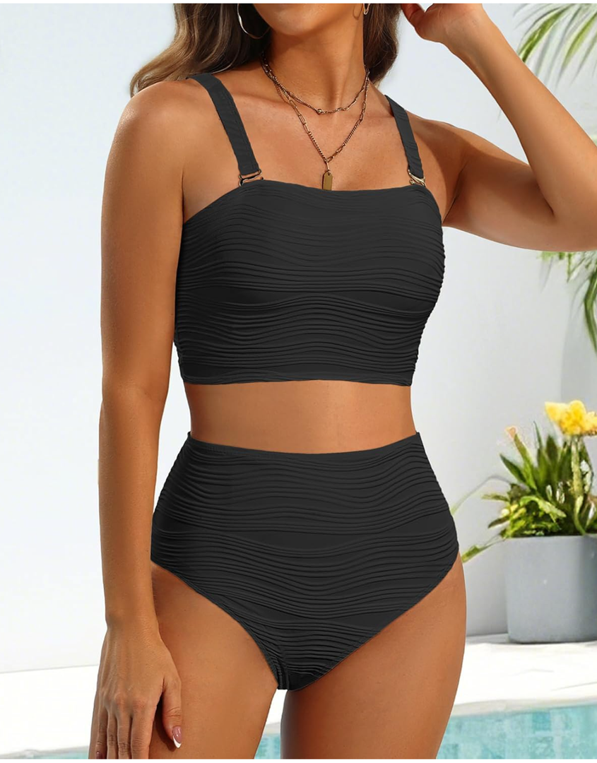 High Waisted Bandeau Bikini Set - Women Strapless Two Piece Swimsuits Ribbed Longline Full Coverage Bathing Suits Swimwear, M