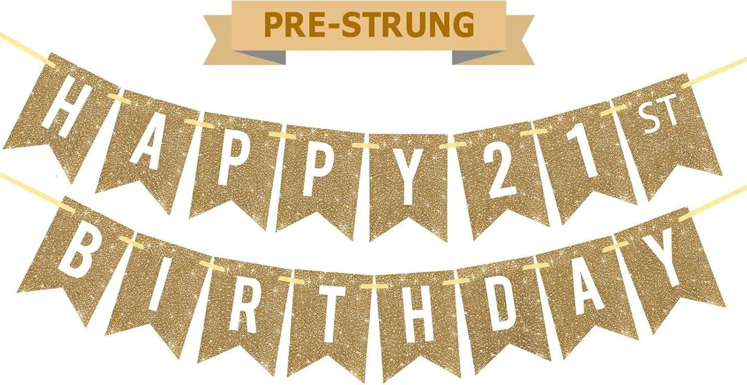 Pre-Strung Gold Happy 21st Birthday Banner Decorations,12 ft No DIY Gold Glitter 21st Birthday Party Banner Sign Decor for Women Men Girl Boy Party Supplies